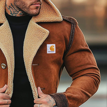 Men's Vintage Suede Shearling Fleece Wool Fur Lapel Collar Mid-Length Coat Sherpa Lined Jacket