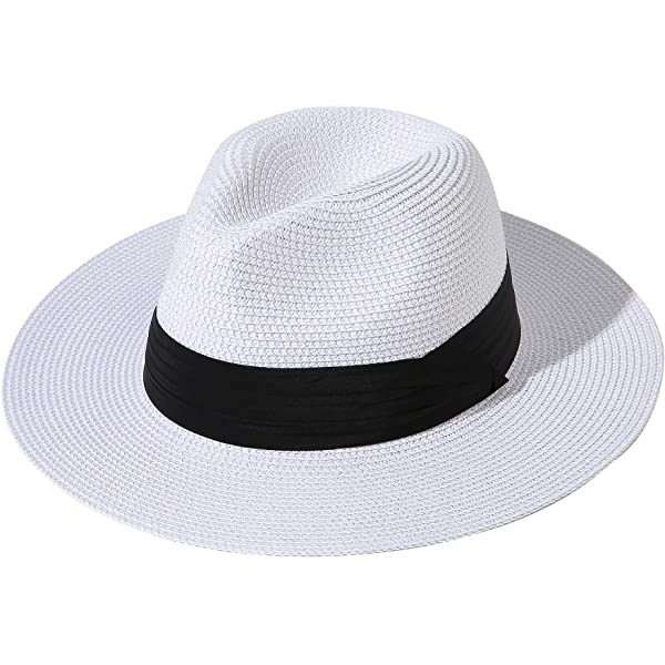 Wide Brim Straw Panama Roll up Hat Belt Buckle Fedora Beach Sun Hat