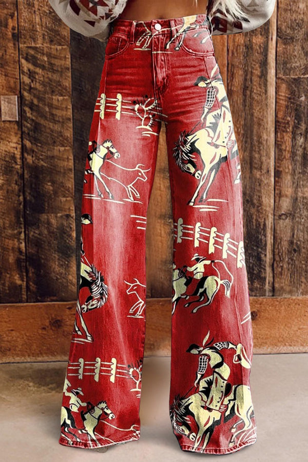 Vintage Cowboy Print Casual Wide Leg Pants