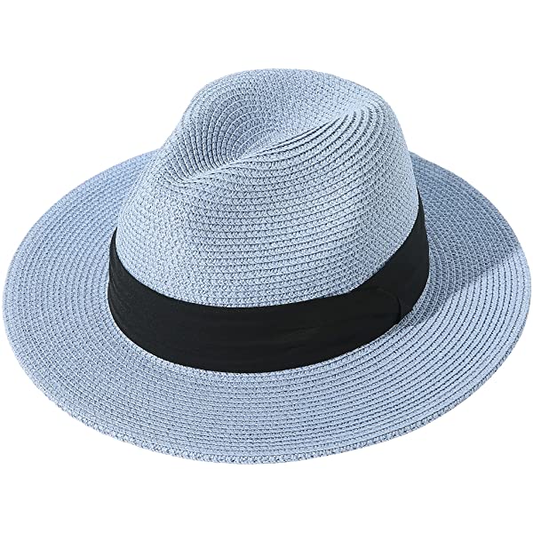 Wide Brim Straw Panama Roll up Hat Belt Buckle Fedora Beach Sun Hat