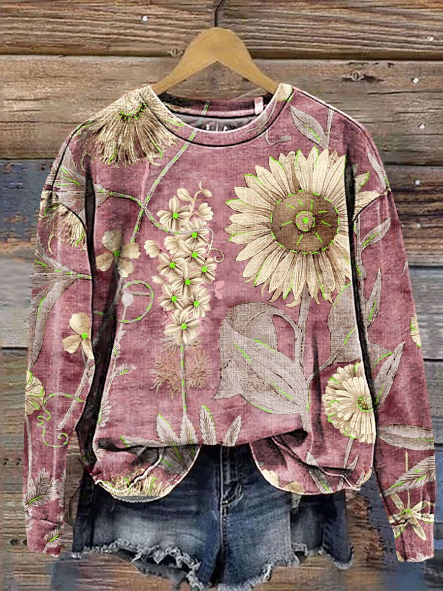 Vintage Floral Art Print Casual Sweatshirt