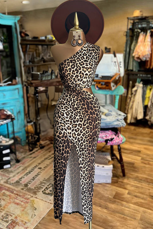 Leopard Print One Shoulder Cutout Slit Dress