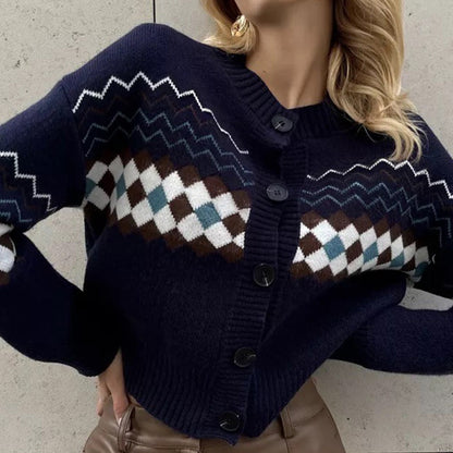 Retro Cardigan Long Sleeve Top Knitted Cardigan Women's Trendy Diamond Jacquard Sweater