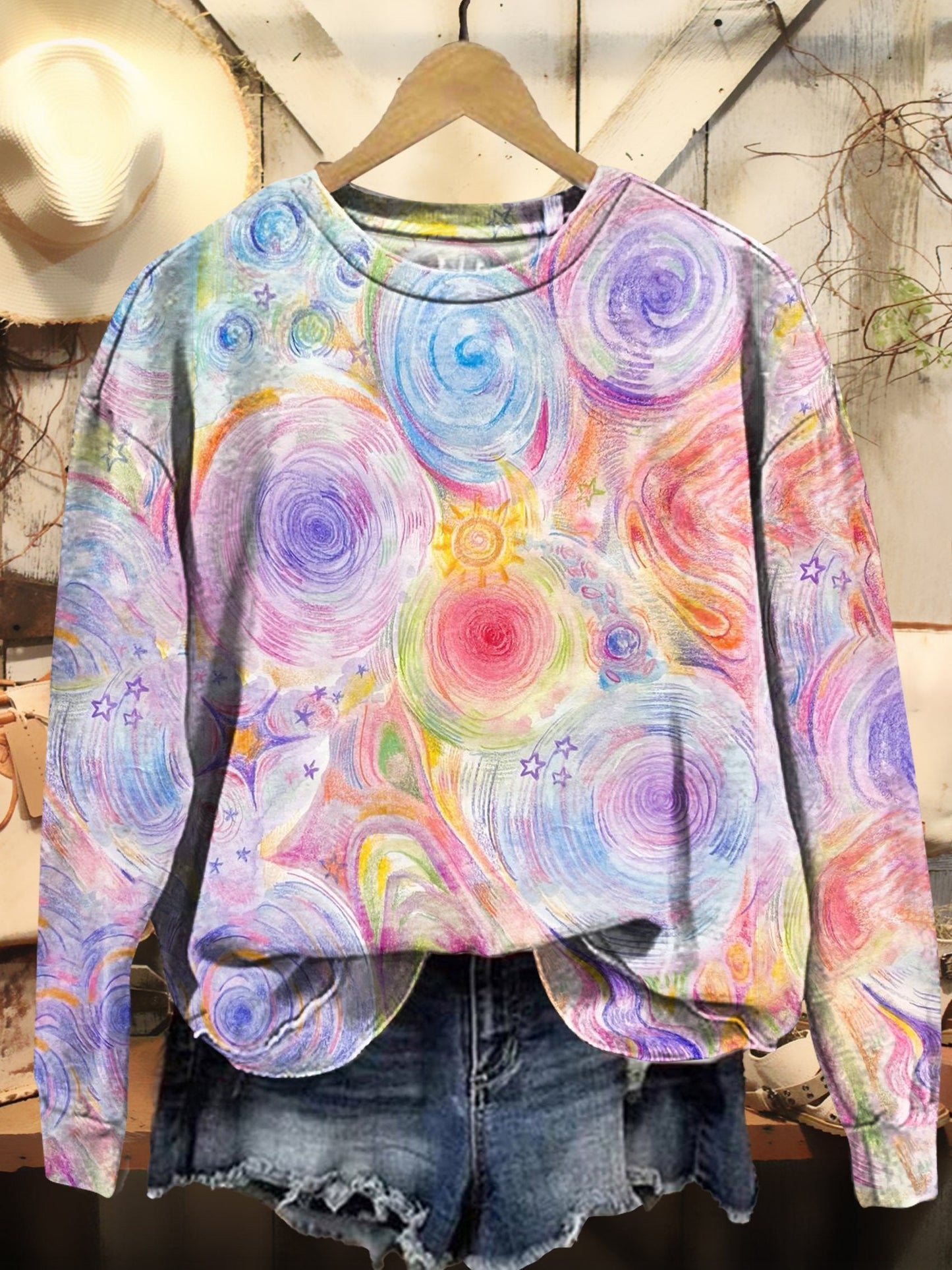 Colorful Swirl Sun Graphic Art Print Casual Sweatshirt