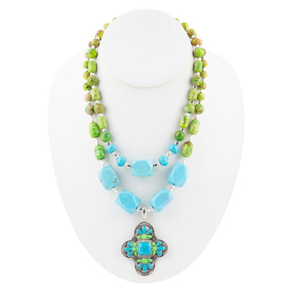 Barse Zion Lime Green and Blue Turquoise and Sterling Silver Statement Necklace