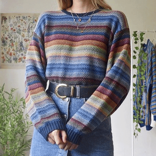 Rainbow Print Round Neck  Blue Sweatshirt