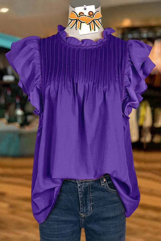 Purple Ruffled Sleeve Paneled Pleated Blouse