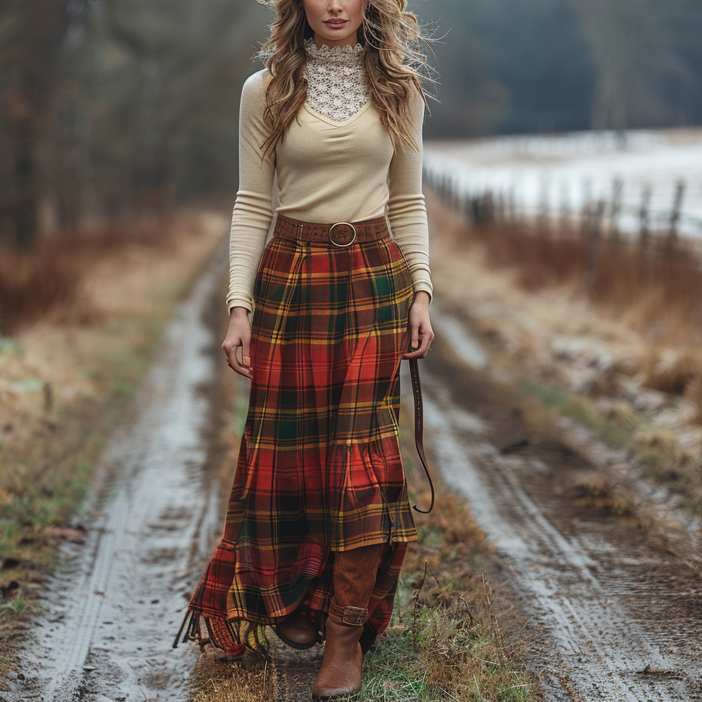 Women's Retro Plaid High Collar Long Sleeve Long Skirt Pastoral Style Dress