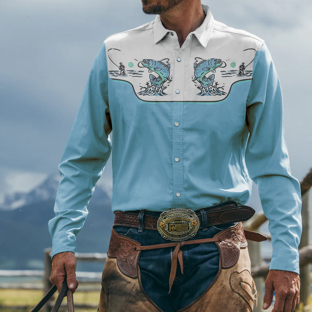 Men's Vintage Western Cowboy Fishing  Print Long Sleeve Shirt