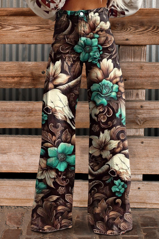 Flower Ox Head Print Casual Wide Leg Pants