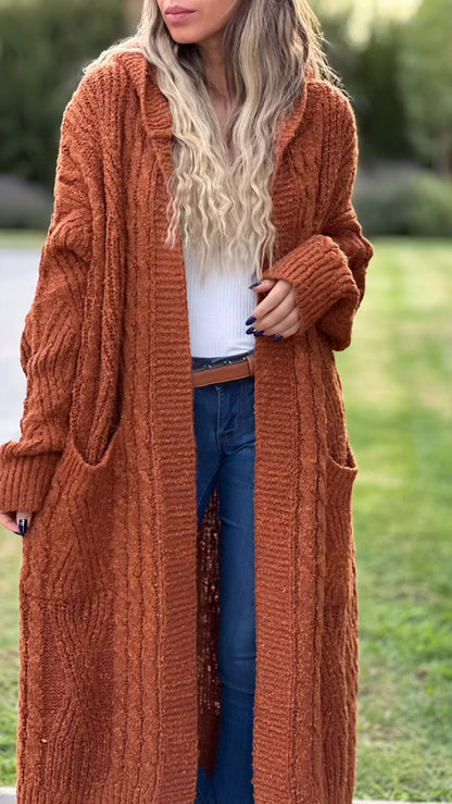 Women's Hooded Long Sleeve Casual Knitted Long Cardigan Sweater