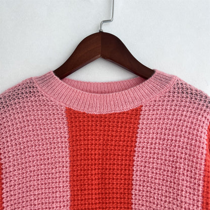 Loose Large Size Vertical Striped Contrast Color Round Neck Long Sleeve Knitted Sweater For Women