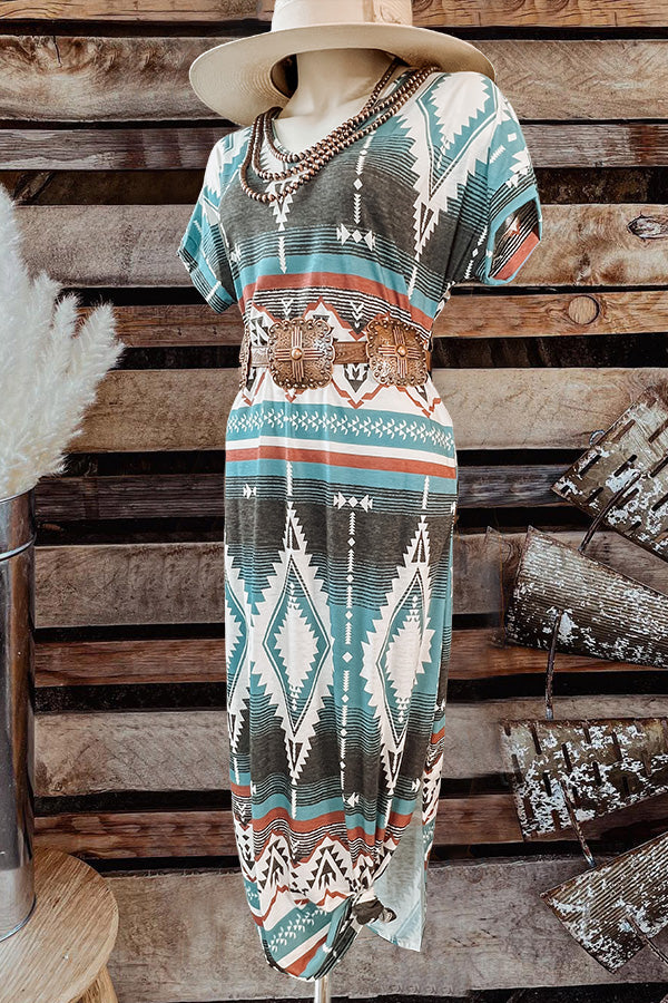 Vintage Western Aztec Print T-Shirt Long Dress