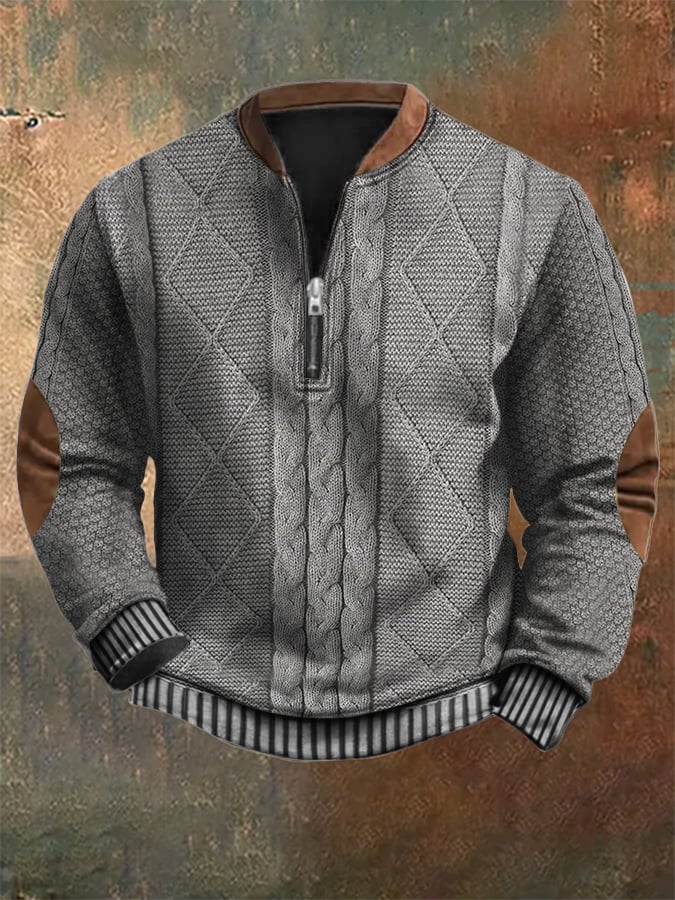 Men's Vintage Knit Print Zip-Up Sweatshirt