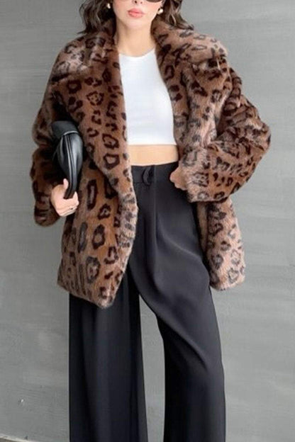 Women's Casual Lapel Leopard Print Fur Coat