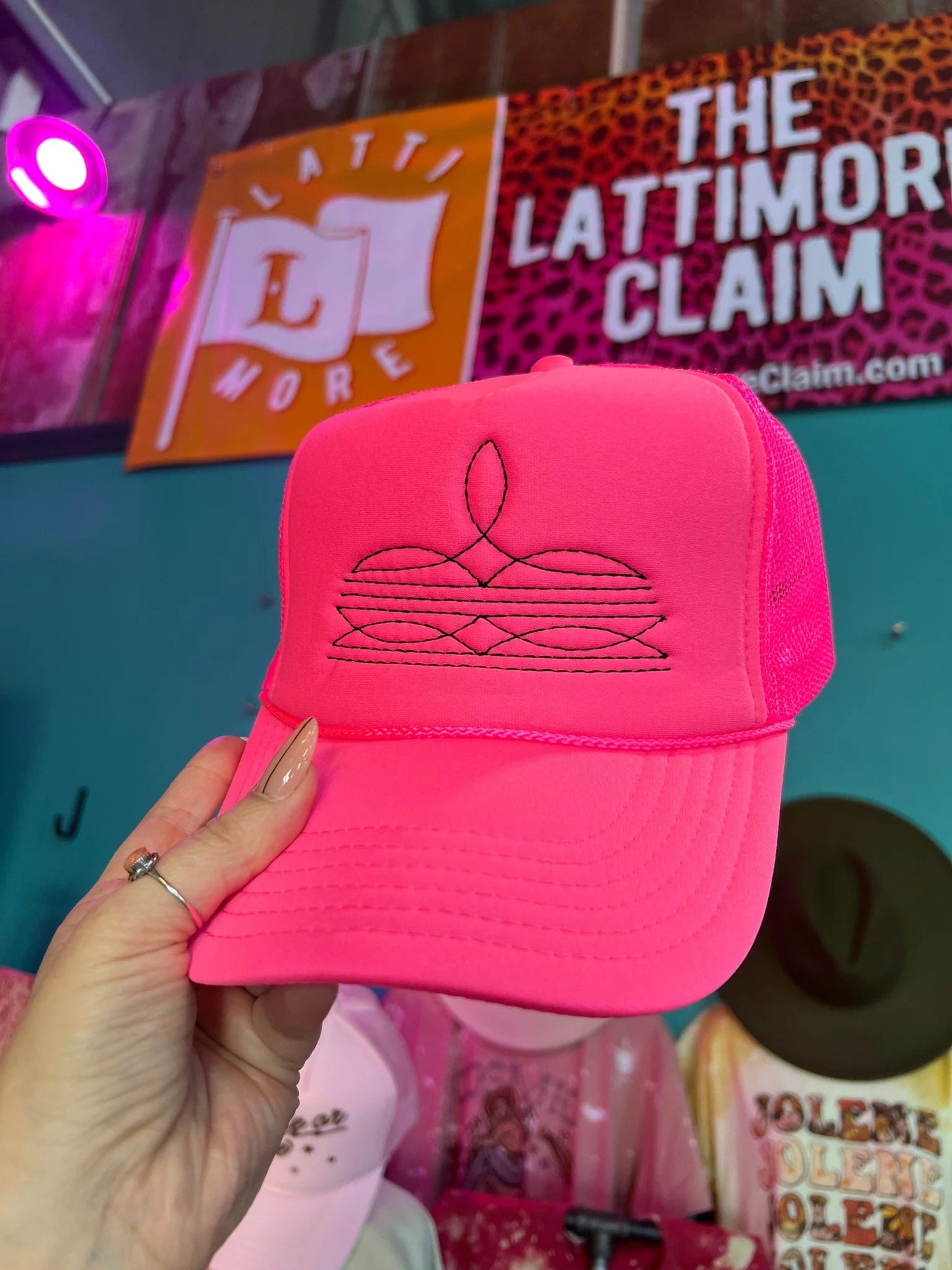 Boot Stitch Trucker Cap Hat in Neon Hot Pink