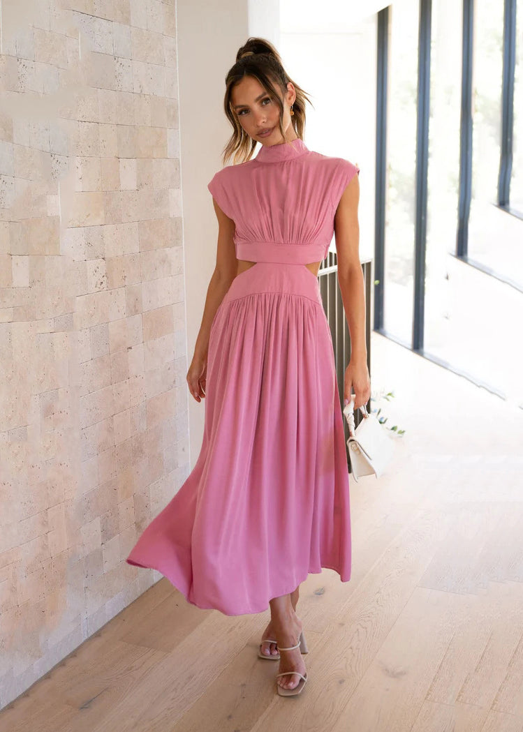 Stand Collar Macaron Waistless Midi Dress