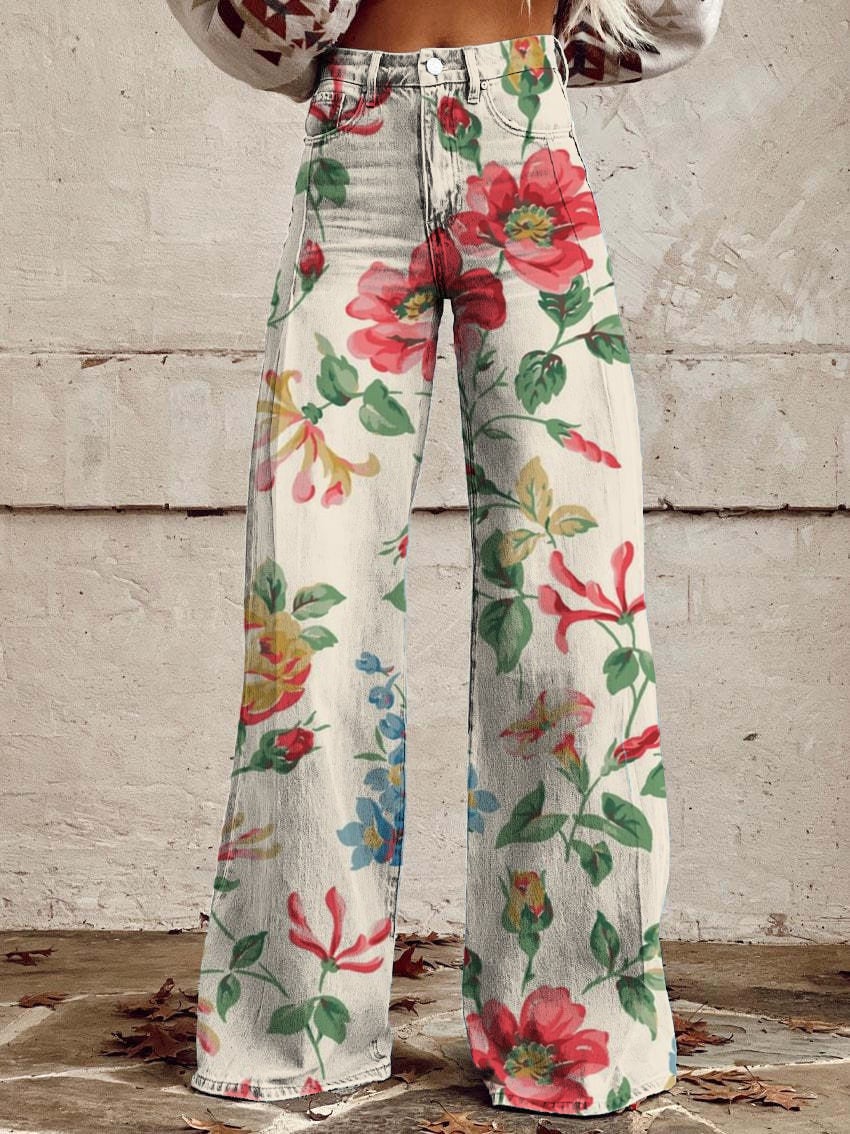 Women's Vintage Botanical Floral Wide Leg Pants