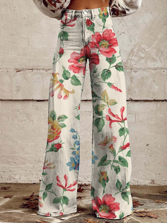 Women's Vintage Botanical Floral Wide Leg Pants