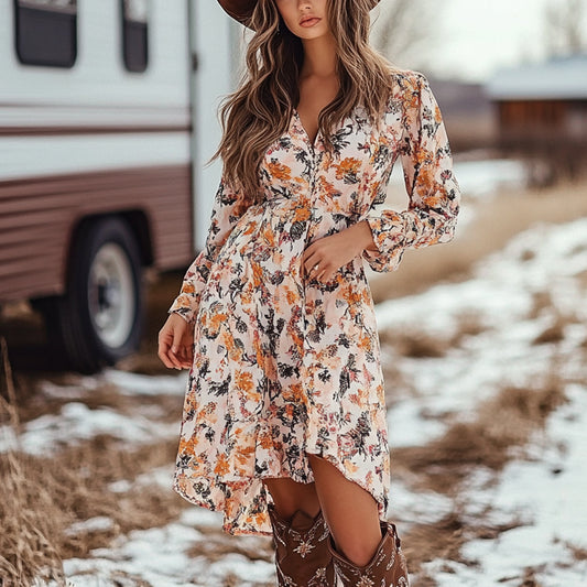 Women's Vintage Western Style Floral Long-sleeve Mini Short Dress