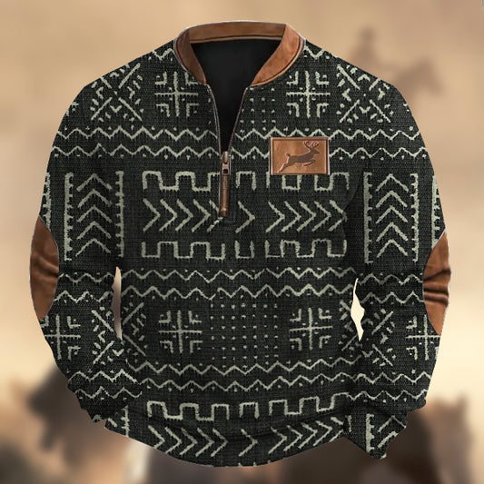 Men's Vintage Tribal Pattern Print Elk Logo Zipper Collar Sweatshirt