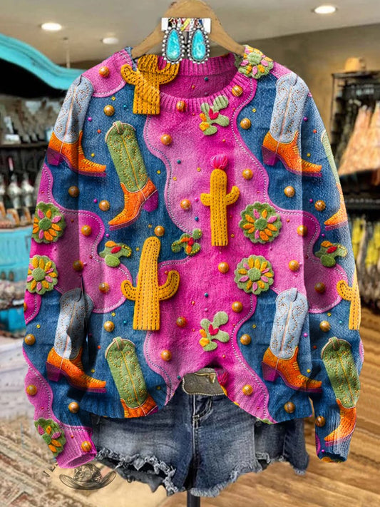 Colorful Vintage Western Cactus Print Knit Pullover Sweater