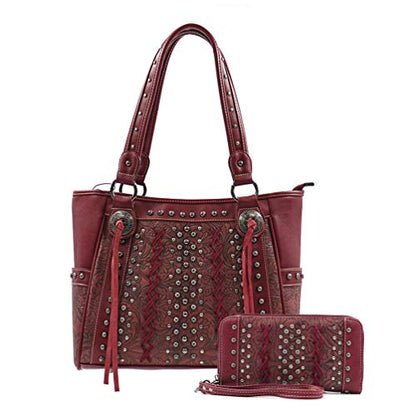 American Bling Floral Embossed Tote and Wallet Set-Red