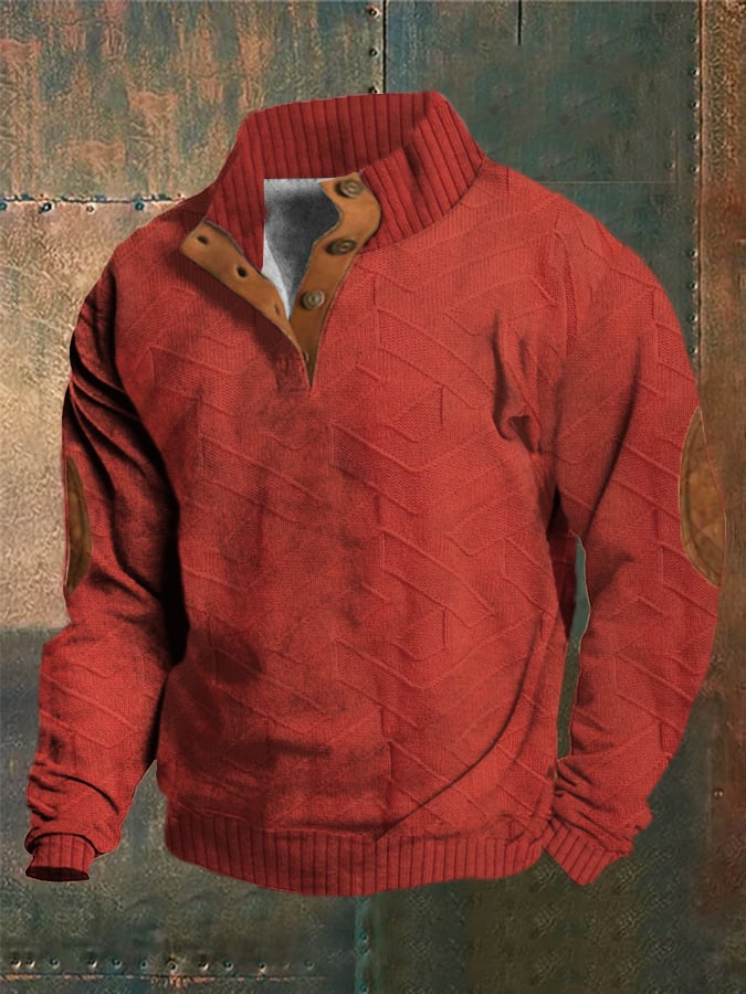 Men's Western Vintage Knitted Jacquard Print Stand Collar Button Sweatshirt