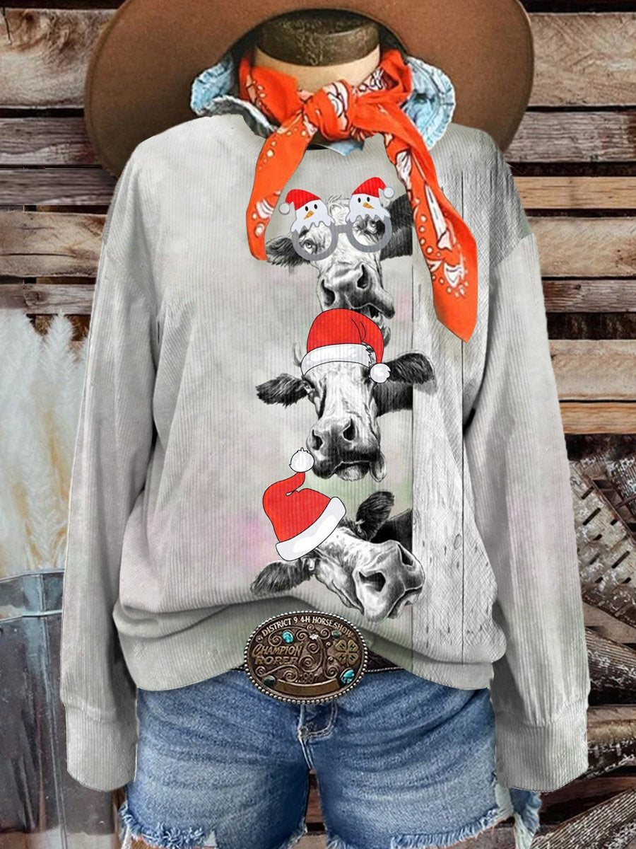 Women's Christmas Cow Casual Print Corduroy Sweatshirt