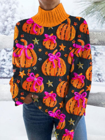 Halloween Print Knit Turtleneck Pullover Sweater