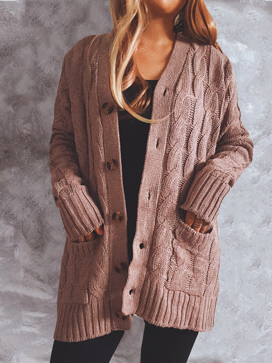 Casual Solid Color Pocket Long-Sleeved Sweater Cardigan