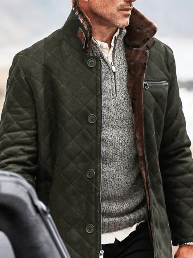 Men's Fashionable Open Pocket Button Design Quilting Imitation Leather Plush Warm Coat