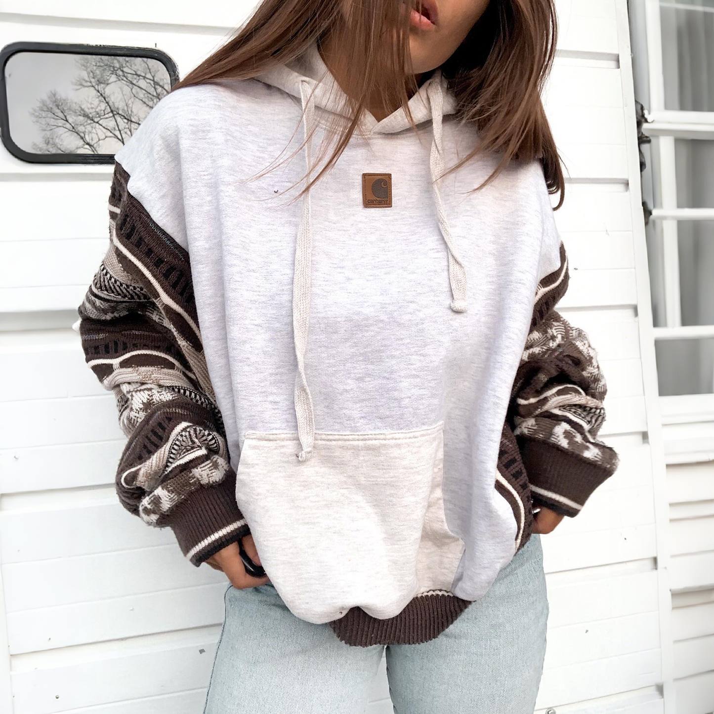 Women's Casual Patchwork Knit Sleeve Hooded Sweatshirt