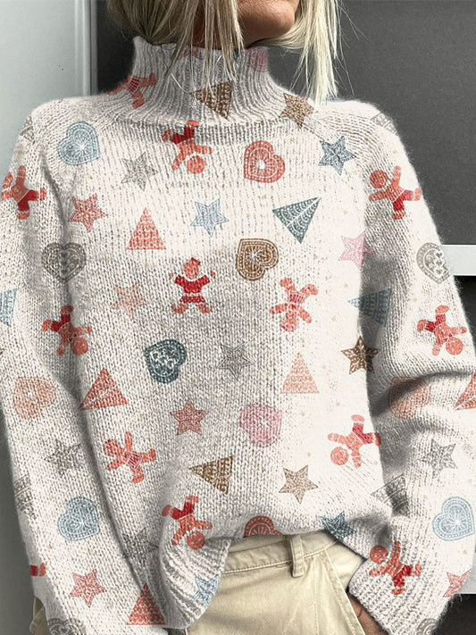 Gingerbread Man Art Print Knit Turtleneck Pullover Sweater