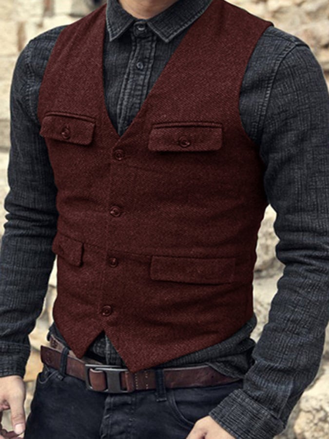 Temperament Men's Retro Single-Breasted Slim Wool Vest Vest