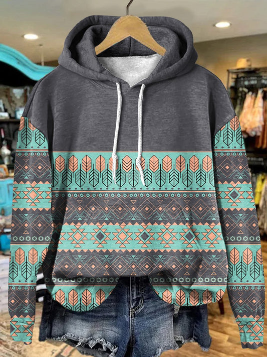 Retro Striped Feathers Aztec Art Print Casual Hoodie Sweatshirt