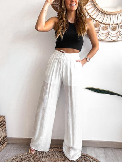 Women's Casual Stretch Drawstring Solid Color Wide Leg Pants