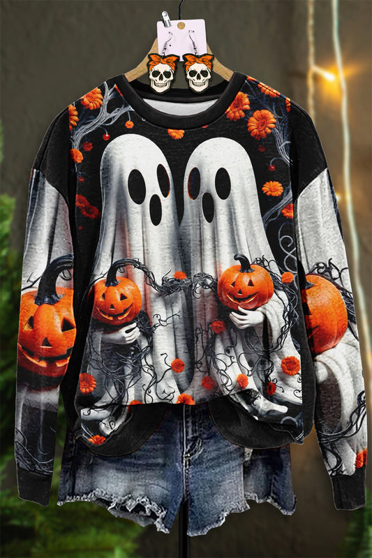 Vintage Halloween Pumpkin Ghost Print Sweatshirt