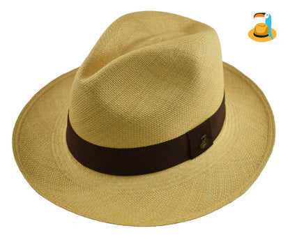 Classic Fedora | Genuine Panama Hat | Beige Toquilla Straw | Brown Band | Handwoven in Ecuador - EA - HatBox Included