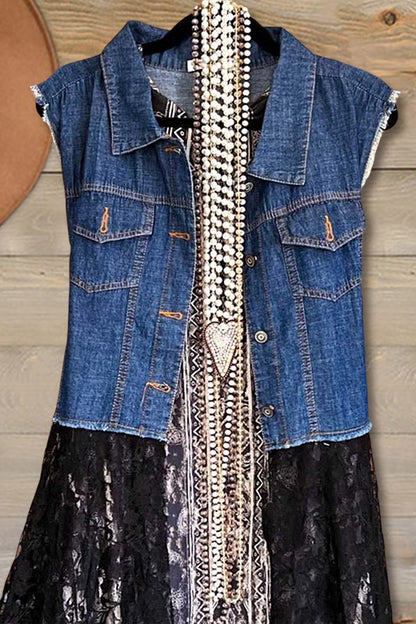 Denim Patchwork Lace Cardigan Dress