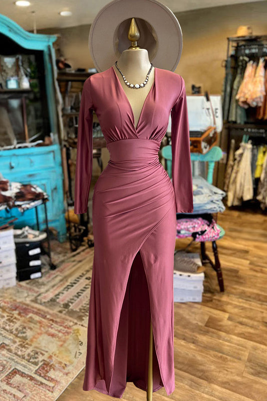 Pretty V-Neck Long Sleeve Slit Dress