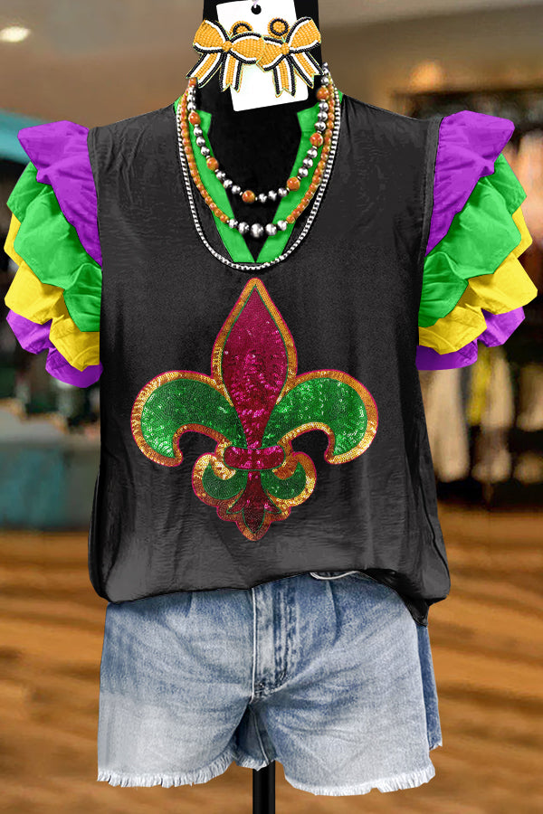 Shiny Mardi Gras Print Flying Sleeve Blouse