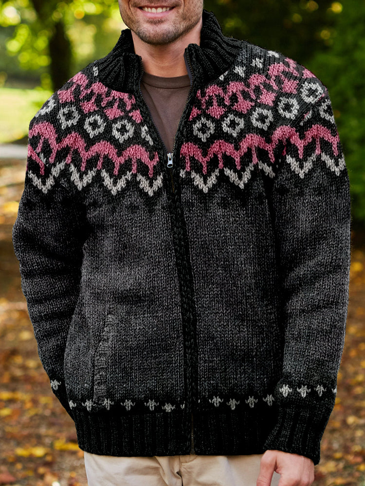 Men's Vintage Icelandic Pattern Cozy Full Zip Cardigan