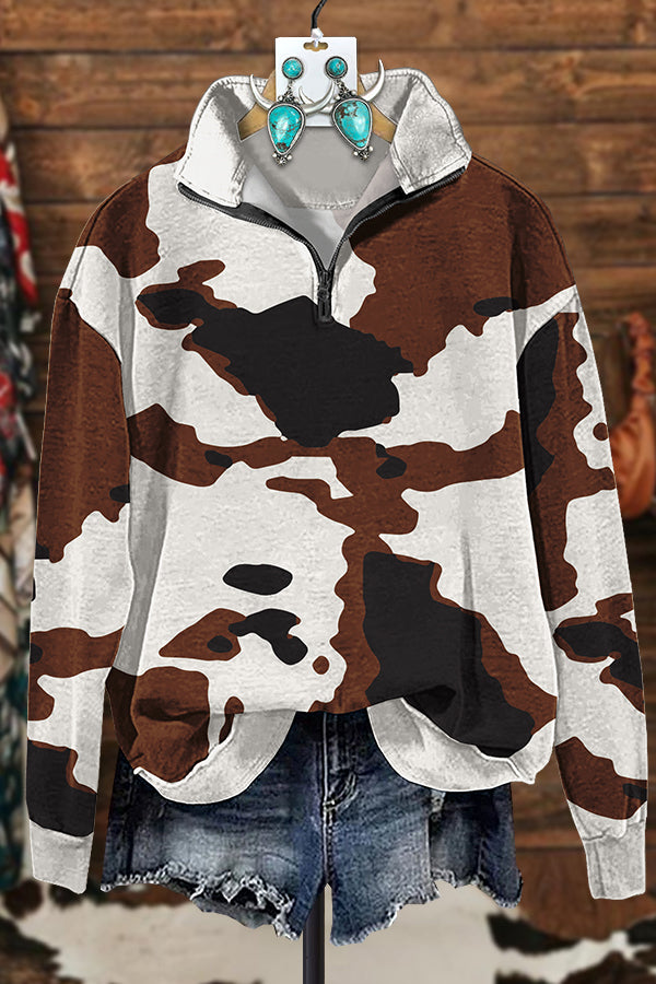 Western Classic Cow Print Zipper Sweatshirt