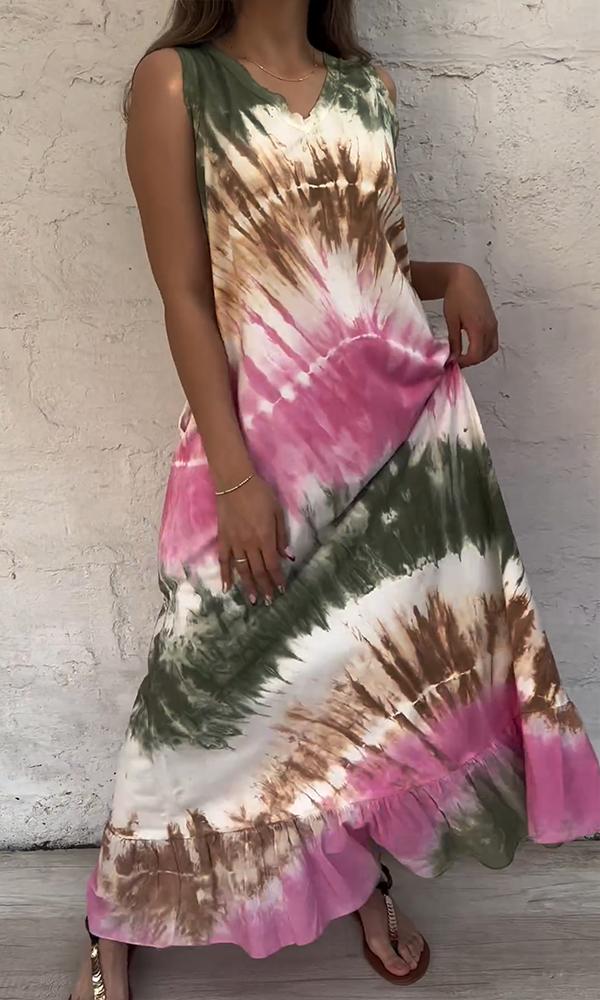 Women's Casual V-neck Multi-color Tie-dye Printed Vest Maxi Dress