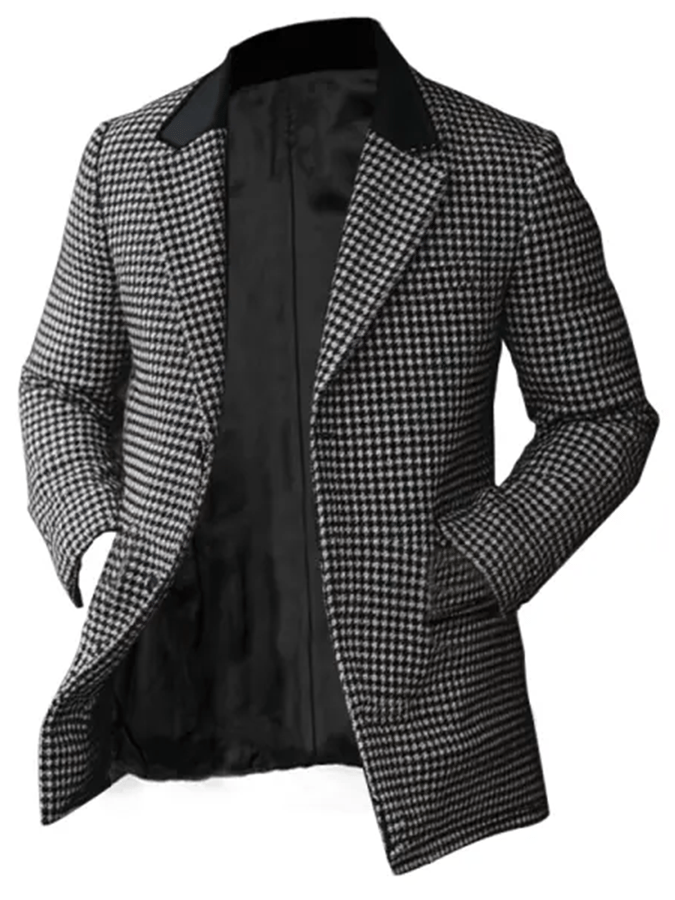 Men's Vintage Outdoor Leisure Collar Splicing Houndstooth Coat