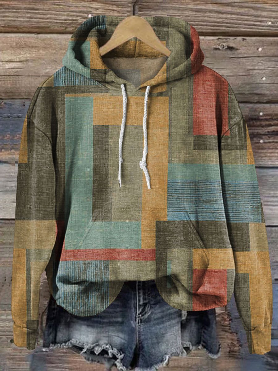 Retro Color Block Art Prints Casual Hoodie Sweatshirt