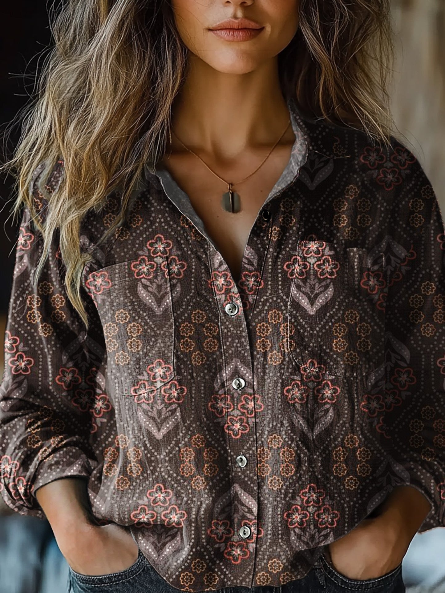 Women's Retro Brown Floral Print Casual Long Sleeve Comfortable Cotton Shirt