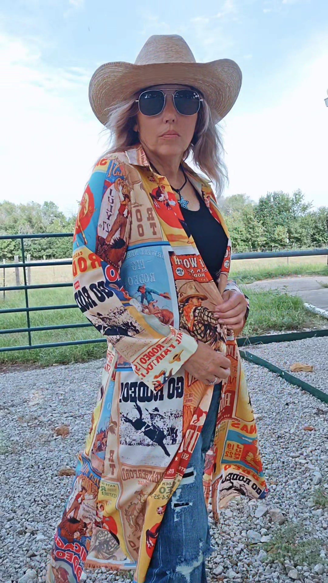 Vintage Rodeo Poster Button-Up Long Sleeve Shirt Duster Dress