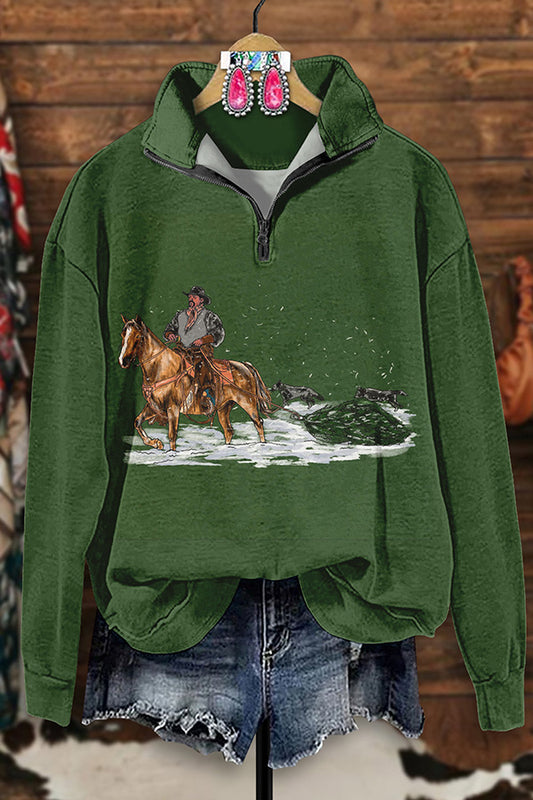 Vintage Western Rodeo Print Zip-Up Sweatshirt